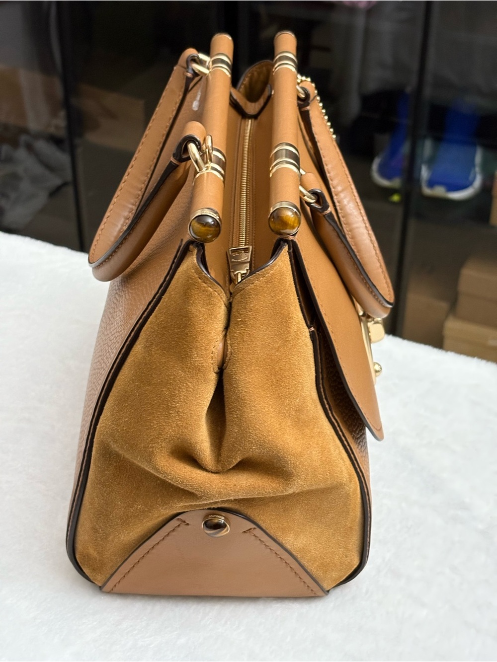 COACH DRIFTER LEATHER & SUEDE SATCHEL HANDBAG- Saddle & Camel- Turn Lock - Picture 5 of 16